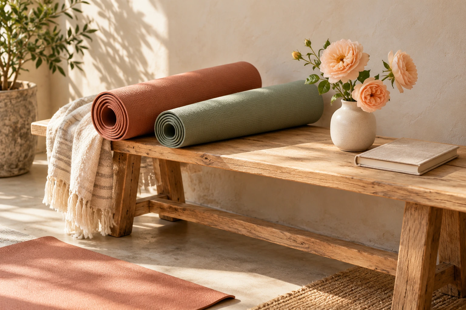 Yoga mats, a linen journal, and a small vase of flowers in a sunlit setting for a personal celebration