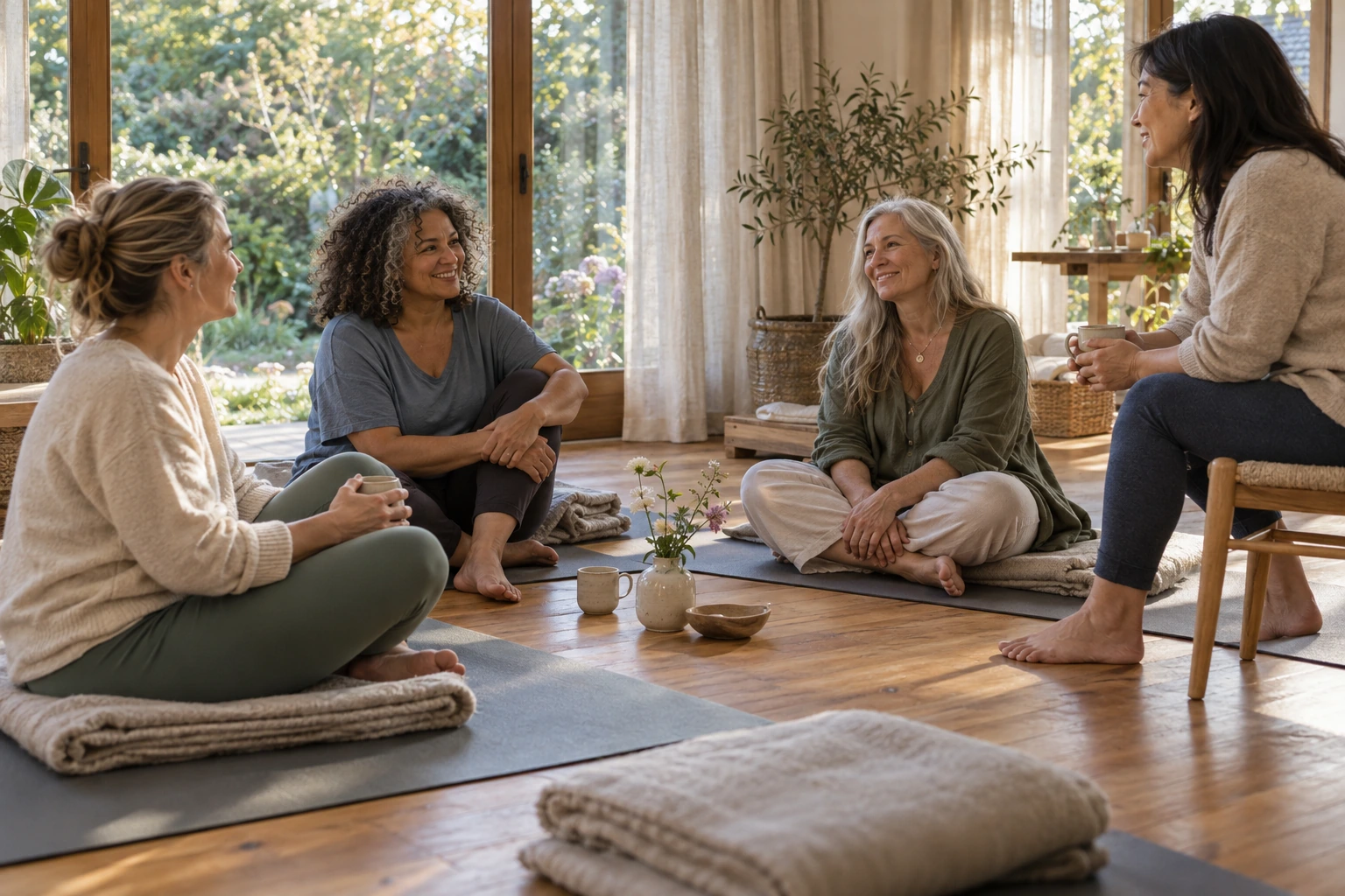 A small group of women enjoying a relaxed seated circle in a sunlit room