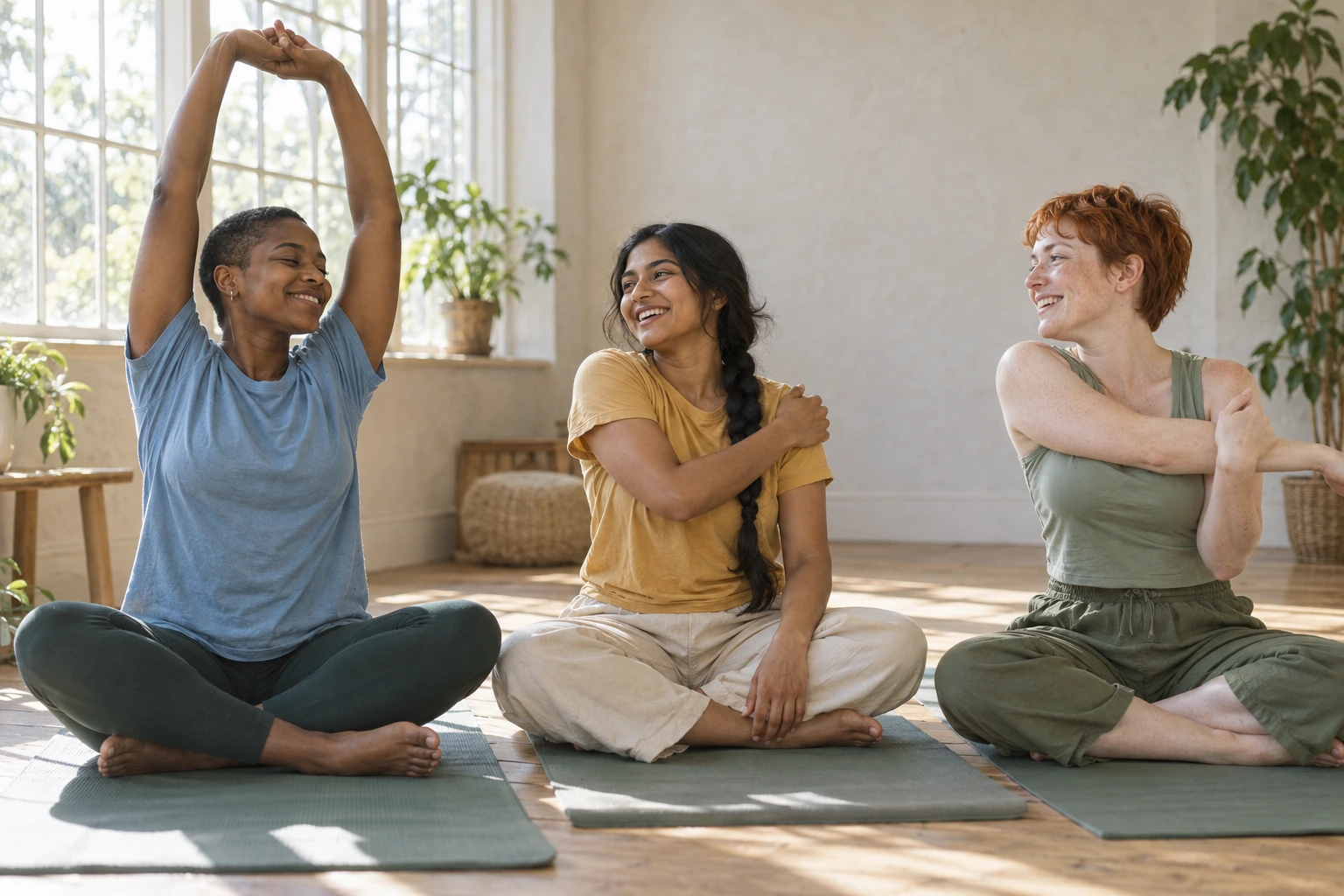 Three younger women enjoying an easy seated yoga moment in a bright room